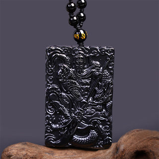 Buddha Gift Black Obsidian Guan Gong Amulet Engraved Strength Necklace Pendant