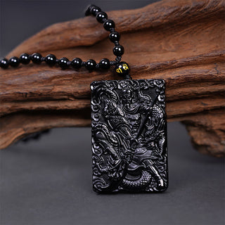 Buddha Gift Black Obsidian Guan Gong Amulet Engraved Strength Necklace Pendant