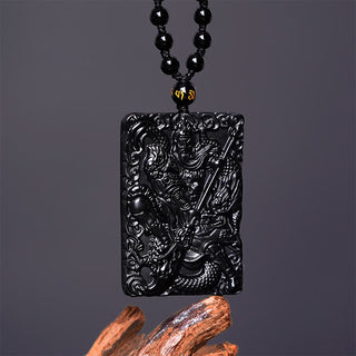 Buddha Gift Black Obsidian Guan Gong Amulet Engraved Strength Necklace Pendant