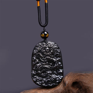 Buddha Gift Black Obsidian Dragon Carved Luck Protection Necklace Pendant