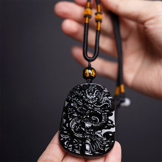 Buddha Gift Black Obsidian Dragon Carved Luck Protection Necklace Pendant