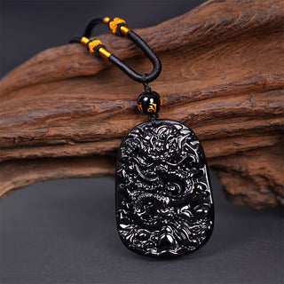 Buddha Gift Black Obsidian Dragon Carved Luck Protection Necklace Pendant