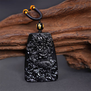 Buddha Gift Black Obsidian Dragon Carved Luck Protection Necklace Pendant