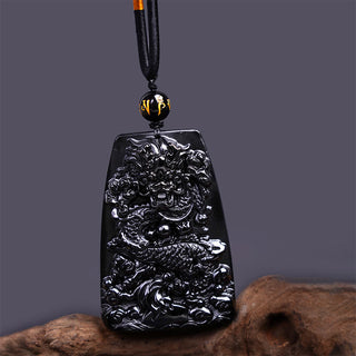 Buddha Gift Black Obsidian Dragon Carved Luck Protection Necklace Pendant