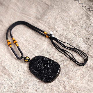 Buddha Gift Black Obsidian Dragon Carved Luck Protection Necklace Pendant