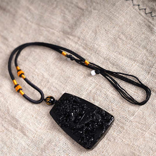 Buddha Gift Black Obsidian Dragon Carved Luck Protection Necklace Pendant