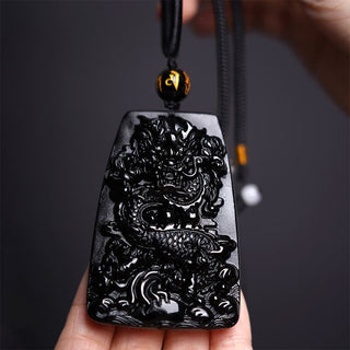 Buddha Gift Black Obsidian Dragon Carved Luck Protection Necklace Pendant
