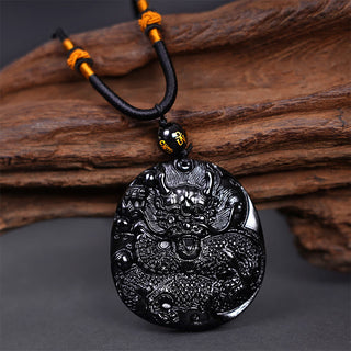 Buddha Gift Natural Black Obsidian Round Dragon Carved Protection Necklace Pendant