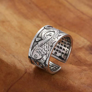 Buddha Gift Koi Fish Heart Sutra Carved Design Luck Wealth Ring