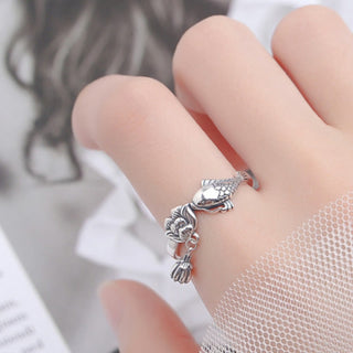 Buddha Gift 925 Sterling Silver Koi Fish Lotus Flower Success Ring