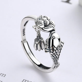 Buddha Gift 925 Sterling Silver Koi Fish Lotus Flower Success Ring