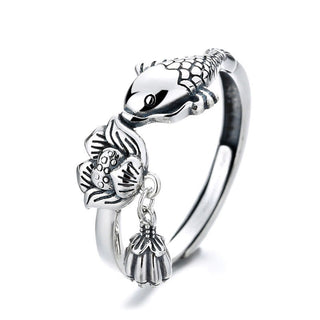 Buddha Gift 925 Sterling Silver Koi Fish Lotus Flower Success Ring
