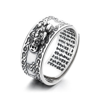 Buddha Gift 925 Sterling Silver PiXiu Scripture Carved Wealth Adjustable Ring