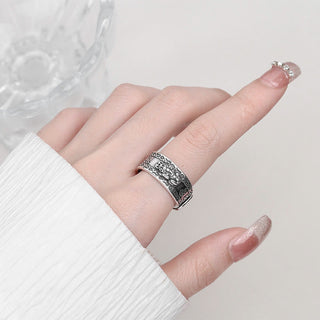 Buddha Gift 925 Sterling Silver PiXiu Scripture Carved Wealth Adjustable Ring