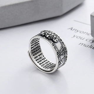 Buddha Gift 925 Sterling Silver PiXiu Scripture Carved Wealth Adjustable Ring