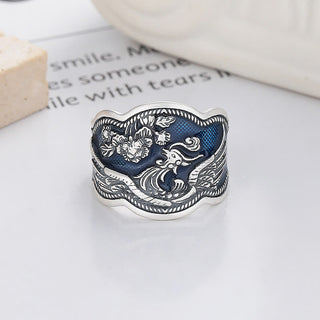 Buddha Gift 925 Sterling Silver Phoenix Peony Flowers Carved Luck Adjustable Ring