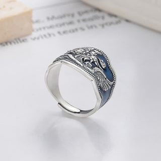 Buddha Gift 925 Sterling Silver Phoenix Peony Flowers Carved Luck Adjustable Ring