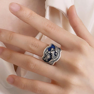 Buddha Gift 925 Sterling Silver Phoenix Peony Flowers Carved Luck Adjustable Ring