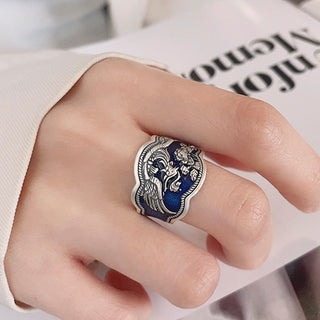 Buddha Gift 925 Sterling Silver Phoenix Peony Flowers Carved Luck Adjustable Ring