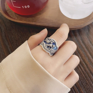 Buddha Gift 925 Sterling Silver Phoenix Peony Flowers Carved Luck Adjustable Ring