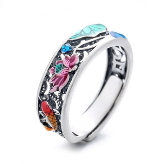 Buddha Gift 925 Sterling Silver Koi Fish Lotus Luck Everything Goes Well Ring