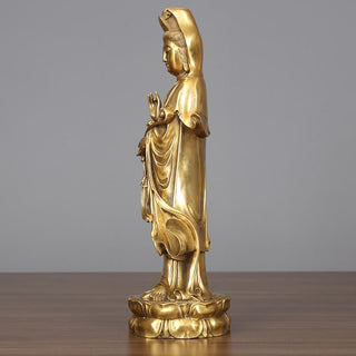 Buddha Gift Golden Standing Kwan Yin Avalokitesvara Wealth Brass Copper Statue Home Desk Decoration