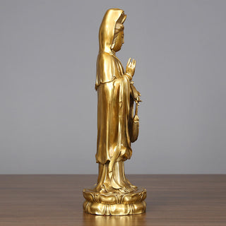Buddha Gift Golden Standing Kwan Yin Avalokitesvara Wealth Brass Copper Statue Home Desk Decoration