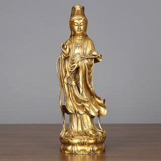 Buddha Gift Golden Standing Kwan Yin Avalokitesvara Wealth Brass Copper Statue Home Desk Decoration