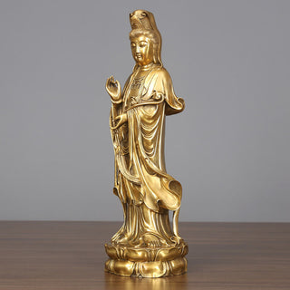 Buddha Gift Golden Standing Kwan Yin Avalokitesvara Wealth Brass Copper Statue Home Desk Decoration
