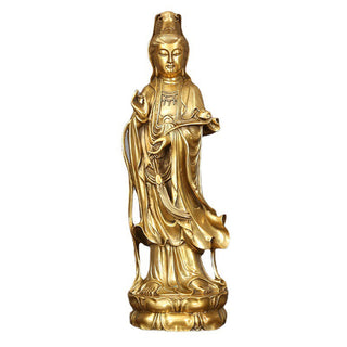 Buddha Gift Golden Standing Kwan Yin Avalokitesvara Wealth Brass Copper Statue Home Desk Decoration