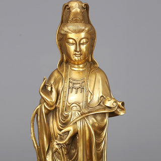 Buddha Gift Golden Standing Kwan Yin Avalokitesvara Wealth Brass Copper Statue Home Desk Decoration