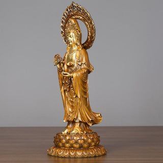 Buddha Gift Kwan Yin Avalokitesvara Lotus Aura Success Brass Copper Statue Home Decoration