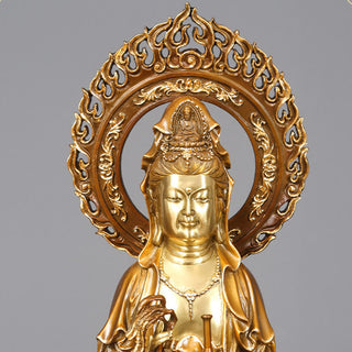 Buddha Gift Kwan Yin Avalokitesvara Lotus Aura Success Brass Copper Statue Home Decoration