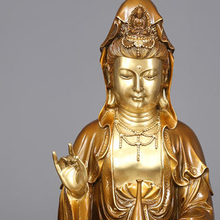 Buddha Gift Kwan Yin Avalokitesvara Lotus Sitting Harmony Brass Copper Statue Home Altar Decoration