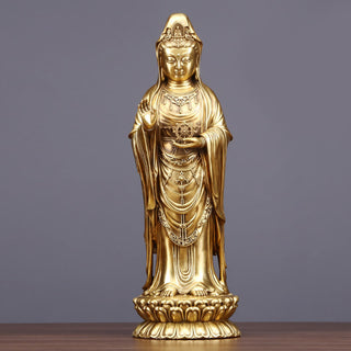 Buddha Gift Kwan Yin Avalokitesvara Holding The Dharma Wheel Wealth Brass Copper Statue Decoration