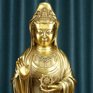 Buddha Gift Kwan Yin Avalokitesvara Holding The Dharma Wheel Wealth Brass Copper Statue Decoration