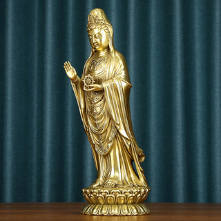 Buddha Gift Kwan Yin Avalokitesvara Holding The Dharma Wheel Wealth Brass Copper Statue Decoration