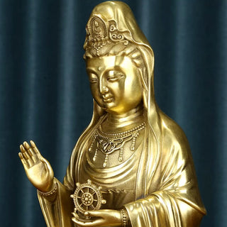 Buddha Gift Kwan Yin Avalokitesvara Holding The Dharma Wheel Wealth Brass Copper Statue Decoration