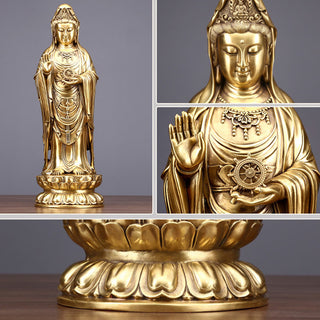 Buddha Gift Kwan Yin Avalokitesvara Holding The Dharma Wheel Wealth Brass Copper Statue Decoration