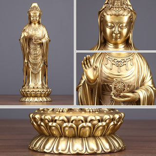 Buddha Gift Kwan Yin Avalokitesvara Holding The Dharma Wheel Wealth Brass Copper Statue Decoration