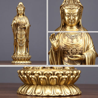 Buddha Gift Kwan Yin Avalokitesvara Holding The Dharma Wheel Wealth Brass Copper Statue Decoration