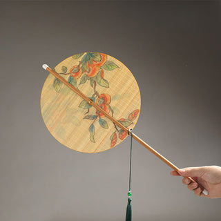 Buddha Gift Handmade Birds Flowers Persimmons Fruit Koi Fish Lotus Bamboo Long Handle Portable Curlable Fan