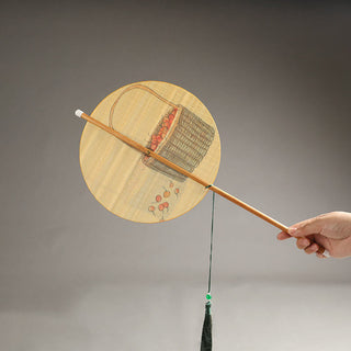 Buddha Gift Handmade Birds Flowers Persimmons Fruit Koi Fish Lotus Bamboo Long Handle Portable Curlable Fan