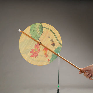 Buddha Gift Handmade Birds Flowers Persimmons Fruit Koi Fish Lotus Bamboo Long Handle Portable Curlable Fan
