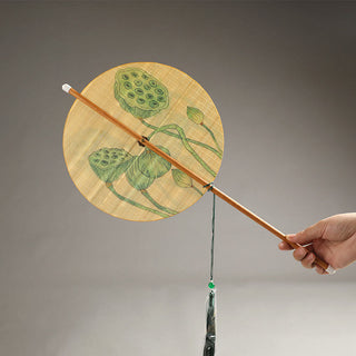 Buddha Gift Handmade Birds Flowers Persimmons Fruit Koi Fish Lotus Bamboo Long Handle Portable Curlable Fan