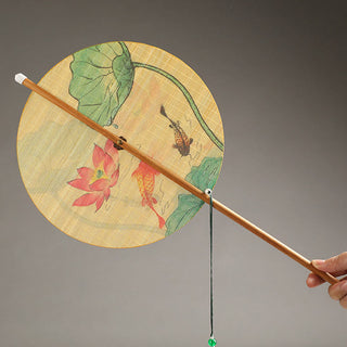 Buddha Gift Handmade Birds Flowers Persimmons Fruit Koi Fish Lotus Bamboo Long Handle Portable Curlable Fan