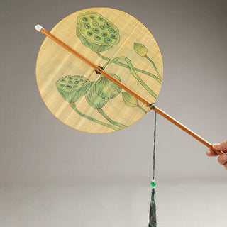 Buddha Gift Handmade Birds Flowers Persimmons Fruit Koi Fish Lotus Bamboo Long Handle Portable Curlable Fan