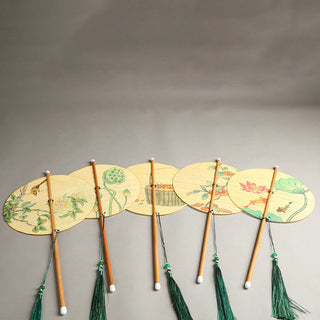 Buddha Gift Handmade Birds Flowers Persimmons Fruit Koi Fish Lotus Bamboo Long Handle Portable Curlable Fan