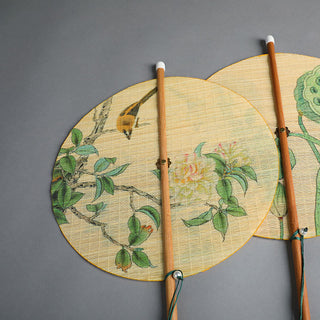 Buddha Gift Handmade Birds Flowers Persimmons Fruit Koi Fish Lotus Bamboo Long Handle Portable Curlable Fan