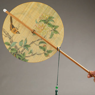 Buddha Gift Handmade Birds Flowers Persimmons Fruit Koi Fish Lotus Bamboo Long Handle Portable Curlable Fan